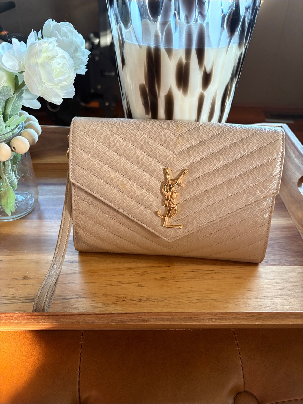 Saint Laurent Beige Quilted Leather Wristlet with Gold YSL Logo